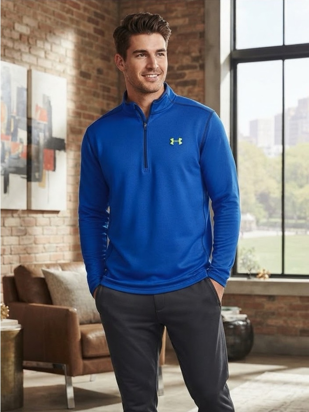 Under Armour ColdGear Royal Blue Long Sleeve 1/4 Zip Pullover Shirt L loose fit